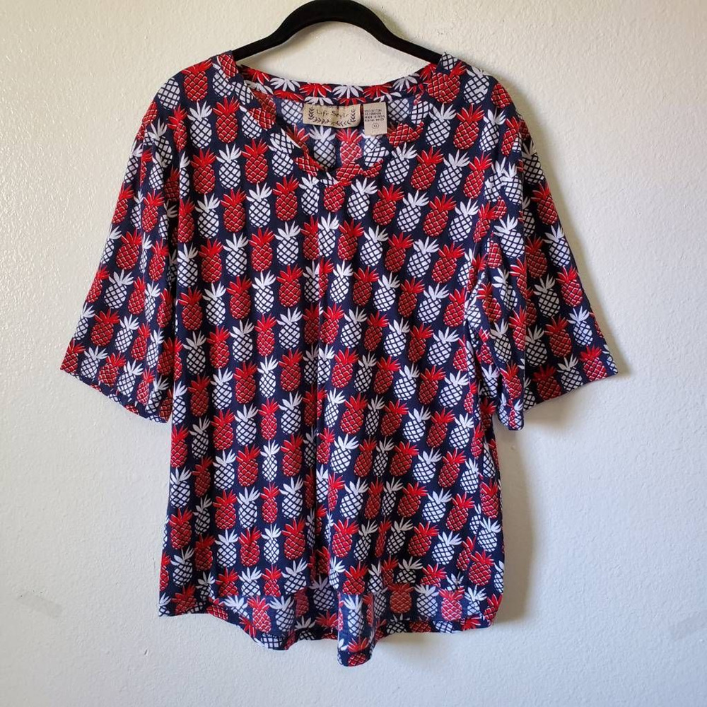 Lifestyle Womens Hi Lo Tee Red White Pineapple Short Sleeve V Neck T-shirt XL
